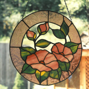 Stained Glass Suncatcher Showing Pink Flowers with frosted pink border