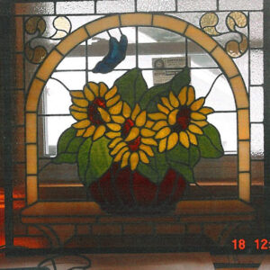 Stained Glass Window with Sunflowers on clear background and cream border